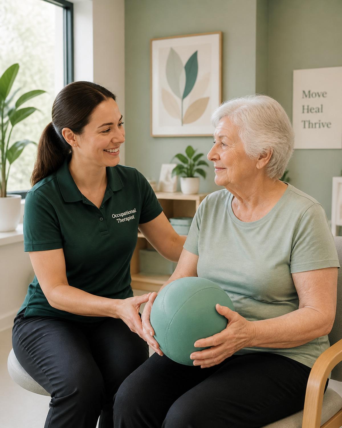 Occupational therapist supporting an older client with a gentle hand exercise